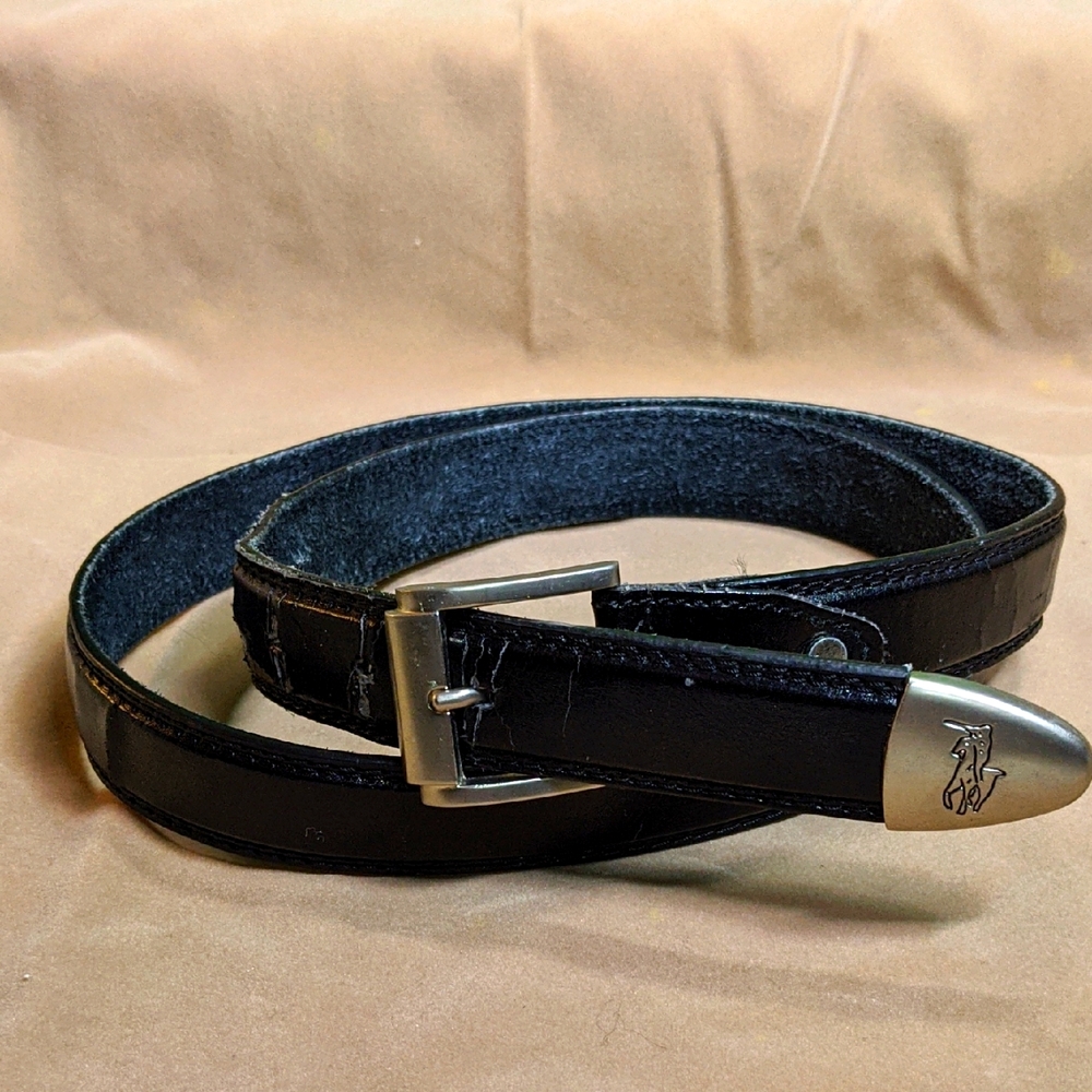 Vintage Unisex Leather Western Belt With Silver Buckle And Tab, Black